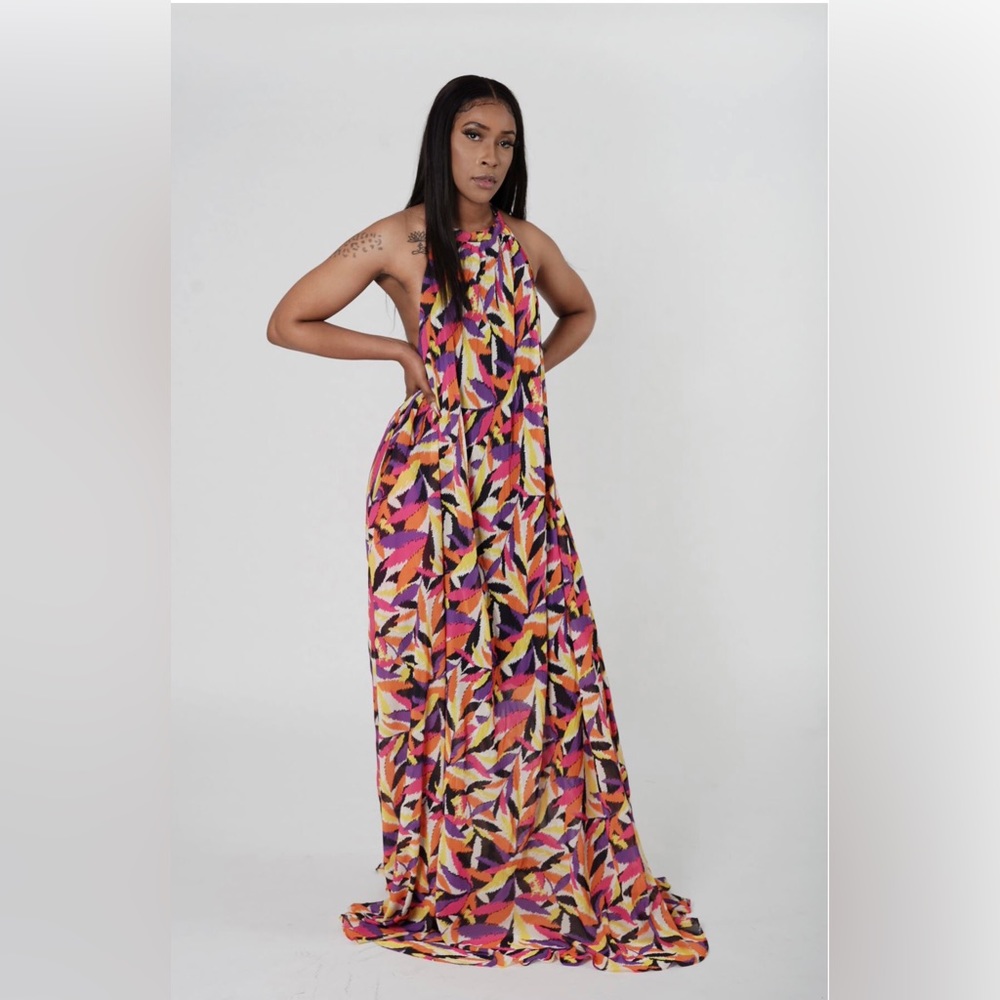 Multicolor Floral Print Chiffon Sleeveless Halter Neck Backless Maxi Dress